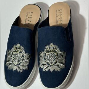 Steven Navy Embroidered Slip-On Shoes